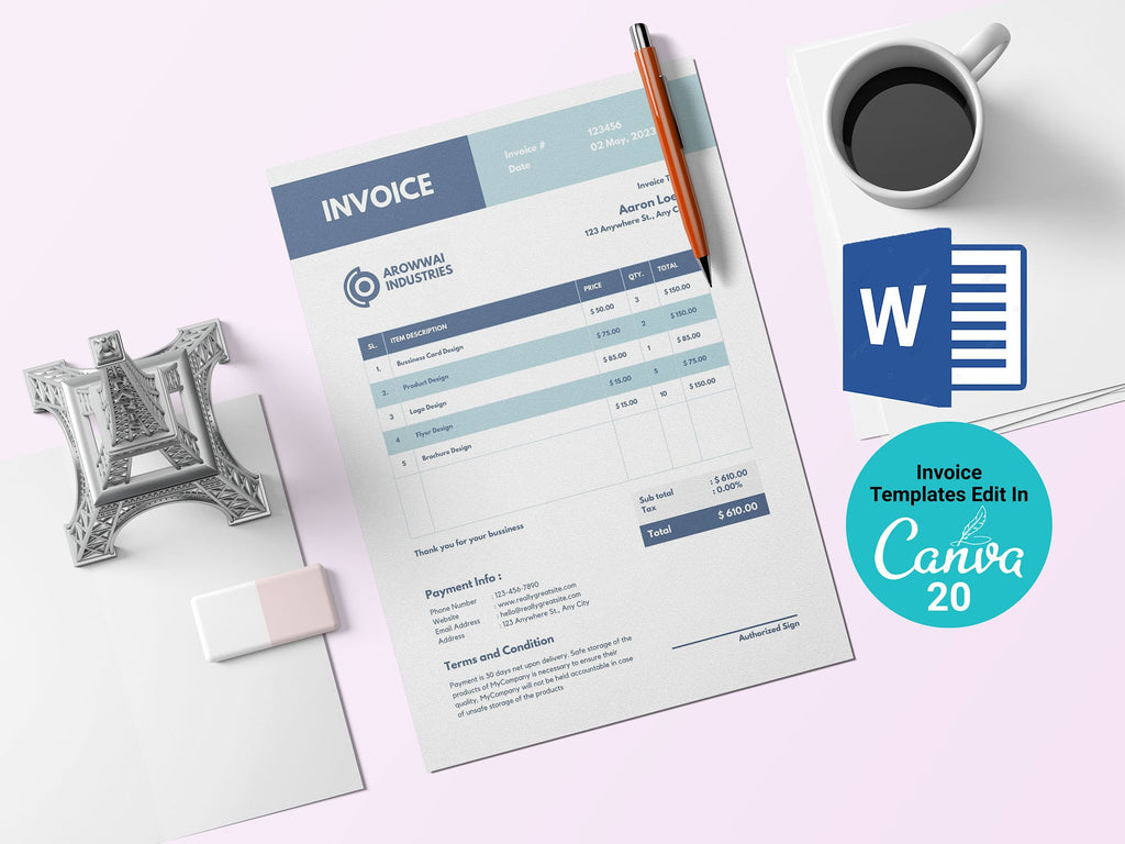 Editable Invoice -Invoice template - Printable WORD /Canva Invoice Template - Minimalist Business Invoice