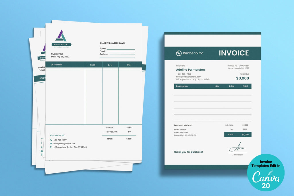 Invoice Template Canva Editable Template,Printable Invoice, Custom Invoice, Invoice Form,Instant Downloadable